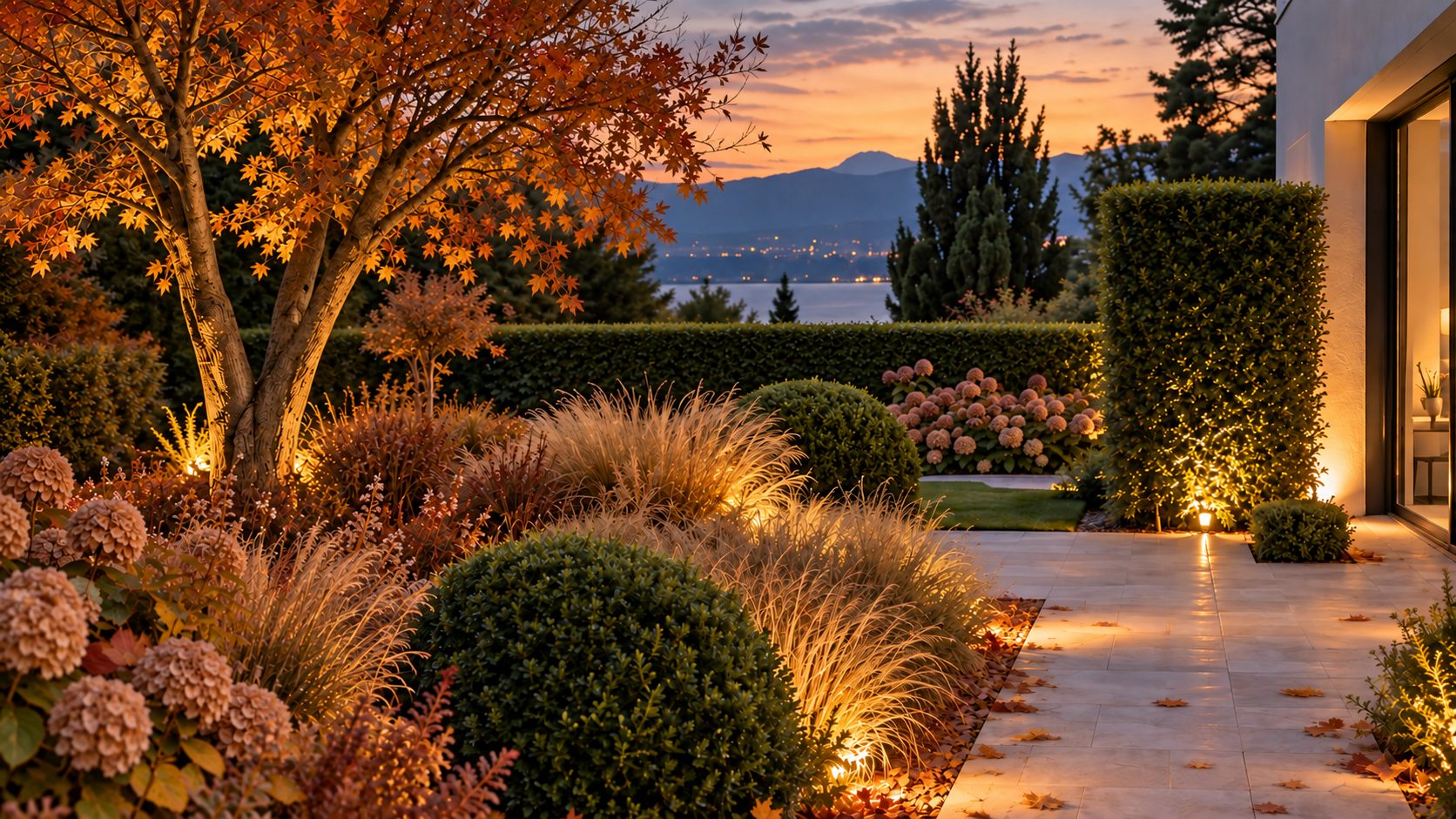 Le même jardin en automne, au crépuscule, feuillages cuivrés.