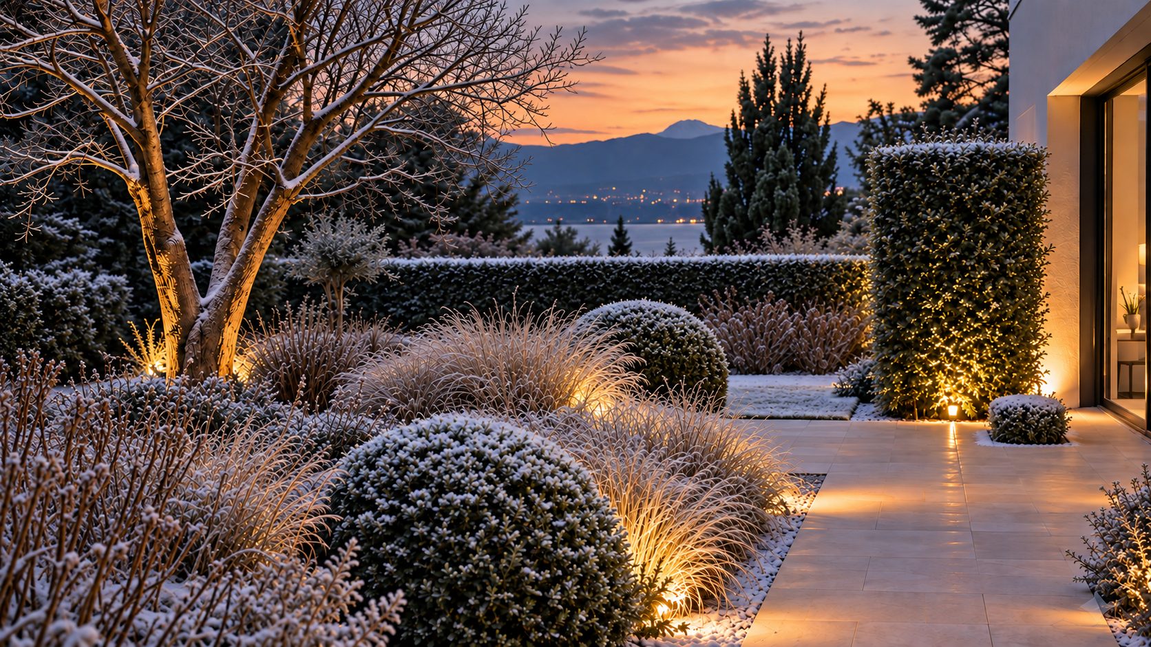 Le même jardin en hiver, au crépuscule, givre léger et persistants.