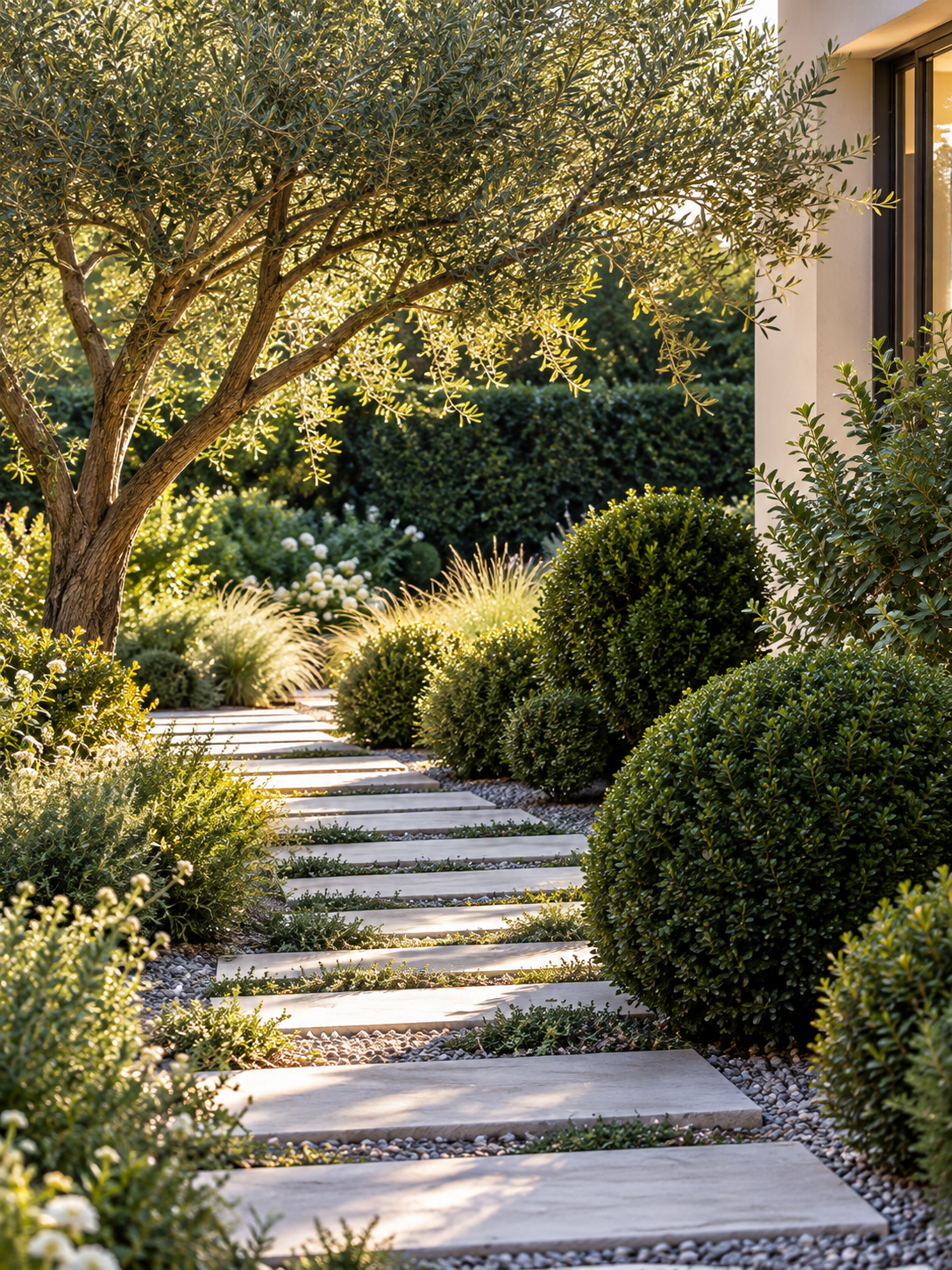 Allée de dalles de pierre dans un jardin contemporain.